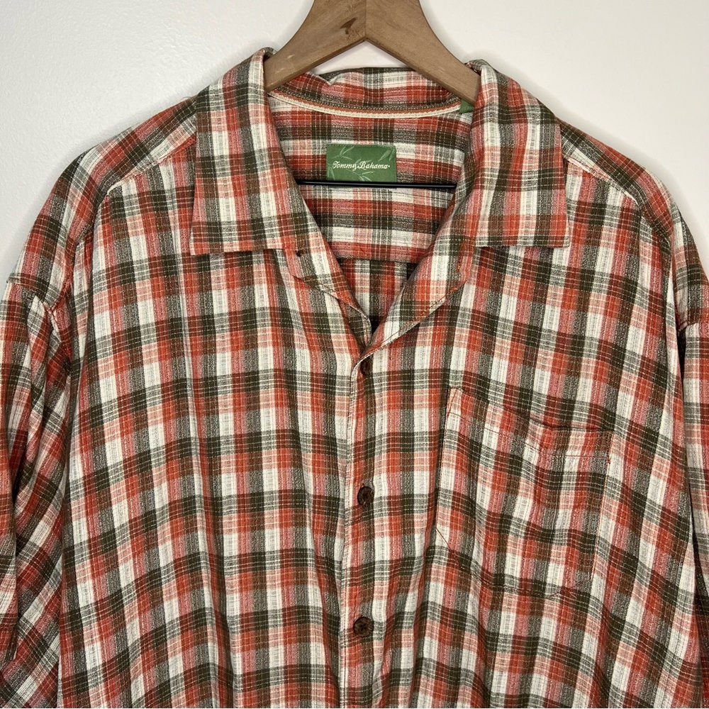 Tommy Bahama 100% Silk Short Sleeve Button Up Plaid Orange Green XXL Checkered